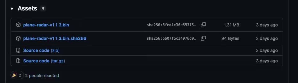 原始录屏中 GitHub Assets 列表里的 plane-radar-v1.1.3.bin